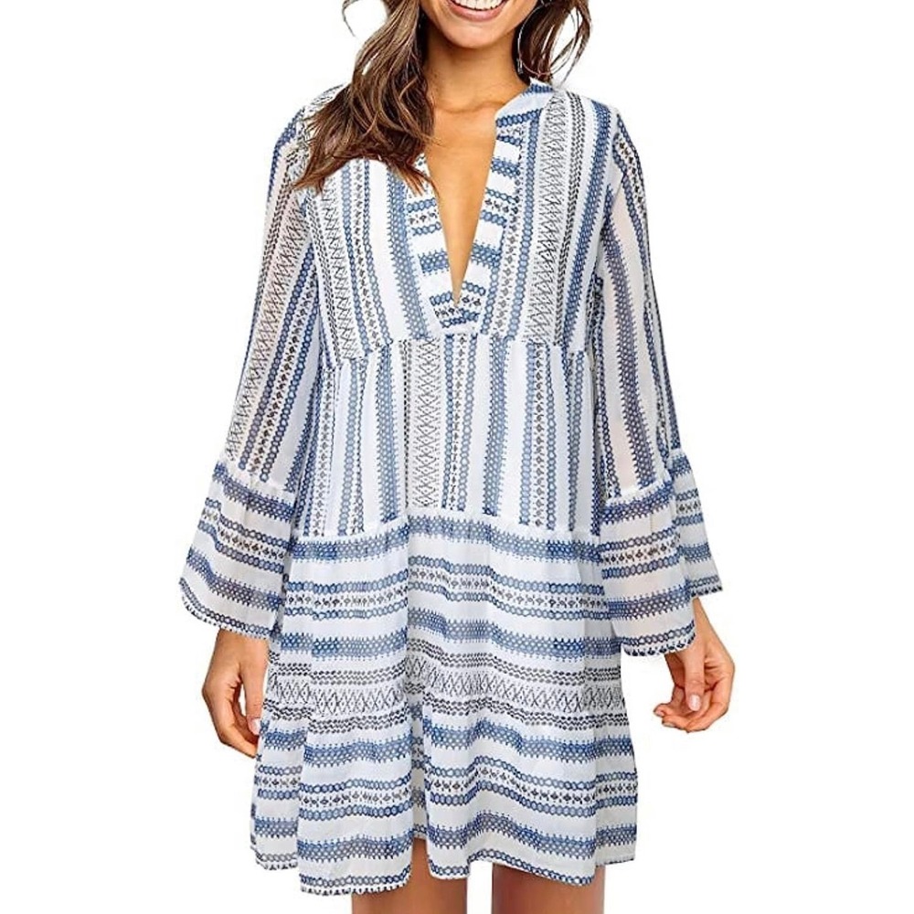 Happy Sailed Womens Long Sleeve V Neck Tunic Dress Swing Party Mid
